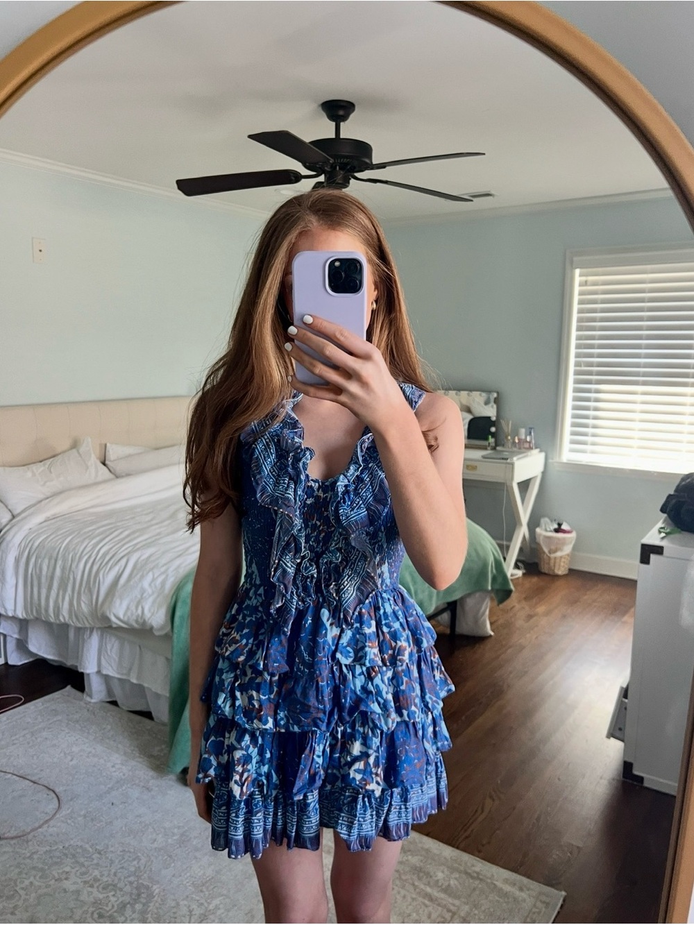 MISA LA Blue Pattern Ruffle Mini Dress